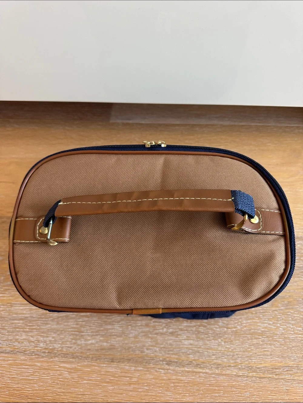 Aude Falbert Navy Quilted Cosmetic Case with Tan Trim and Gold Accents